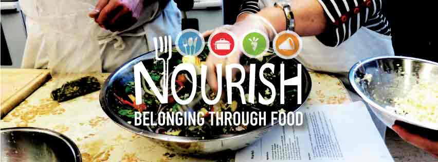 Nourish Logo with text that reads: "Belonging through Food"